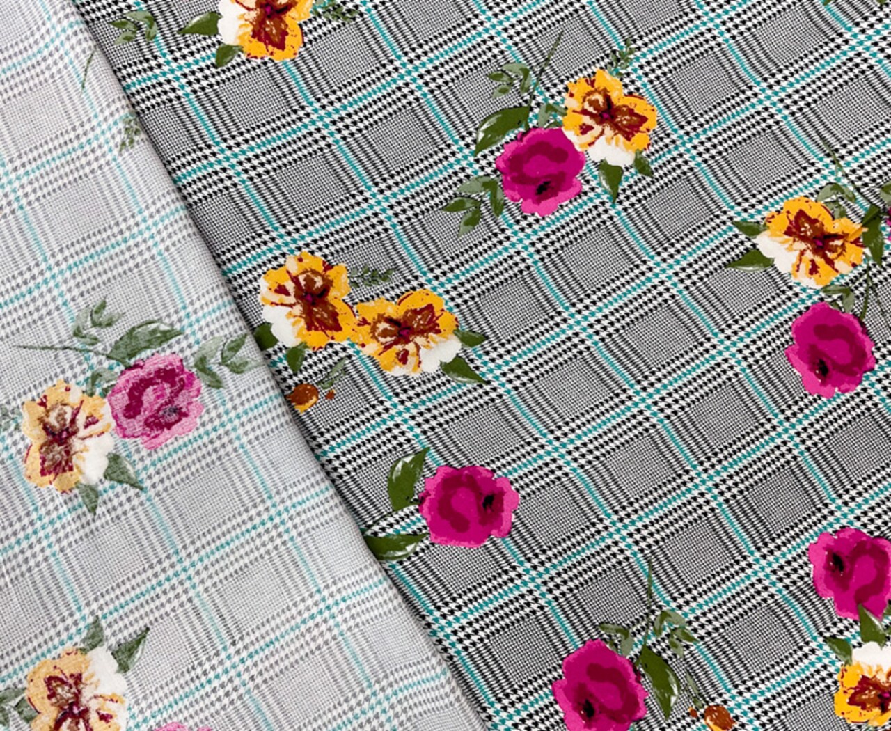 Black-Multi Rayon Floral Plaid Printed Challis Woven Fabric By the Yard